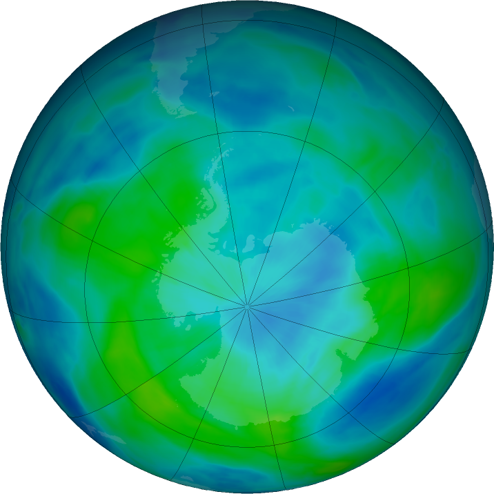 Antarctic ozone map for 16 March 2020